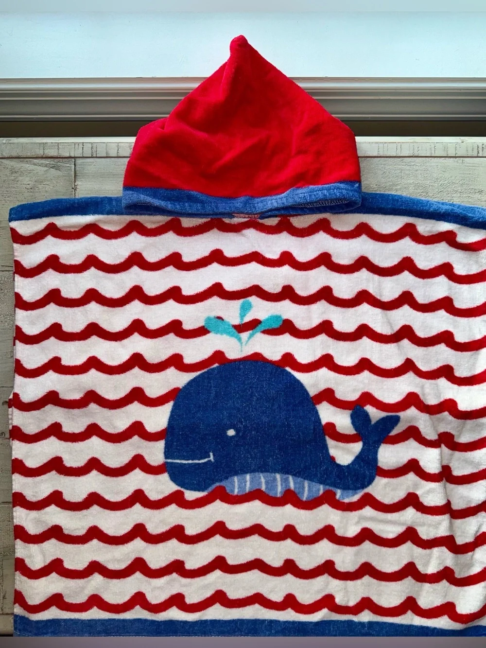 Nautical themed Towel Poncho toddler hooded towel EUC red white & blue